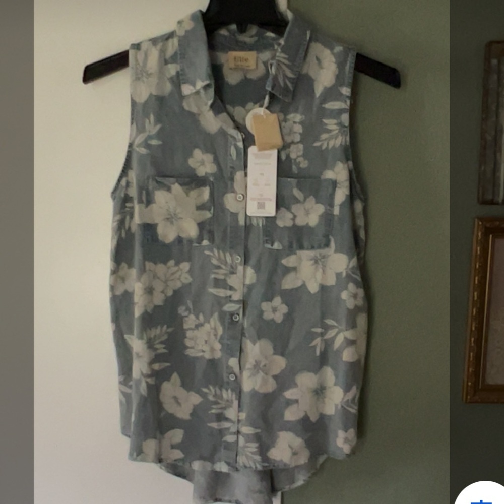 Elie Tahari Sleeveless Blue/white Floral Hi-low Button Up Pockets LG NWT 58$